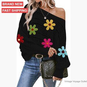 Oversized Batwing Sleeve Pullover Sweater, Crochet Flower Design, Lightweight
